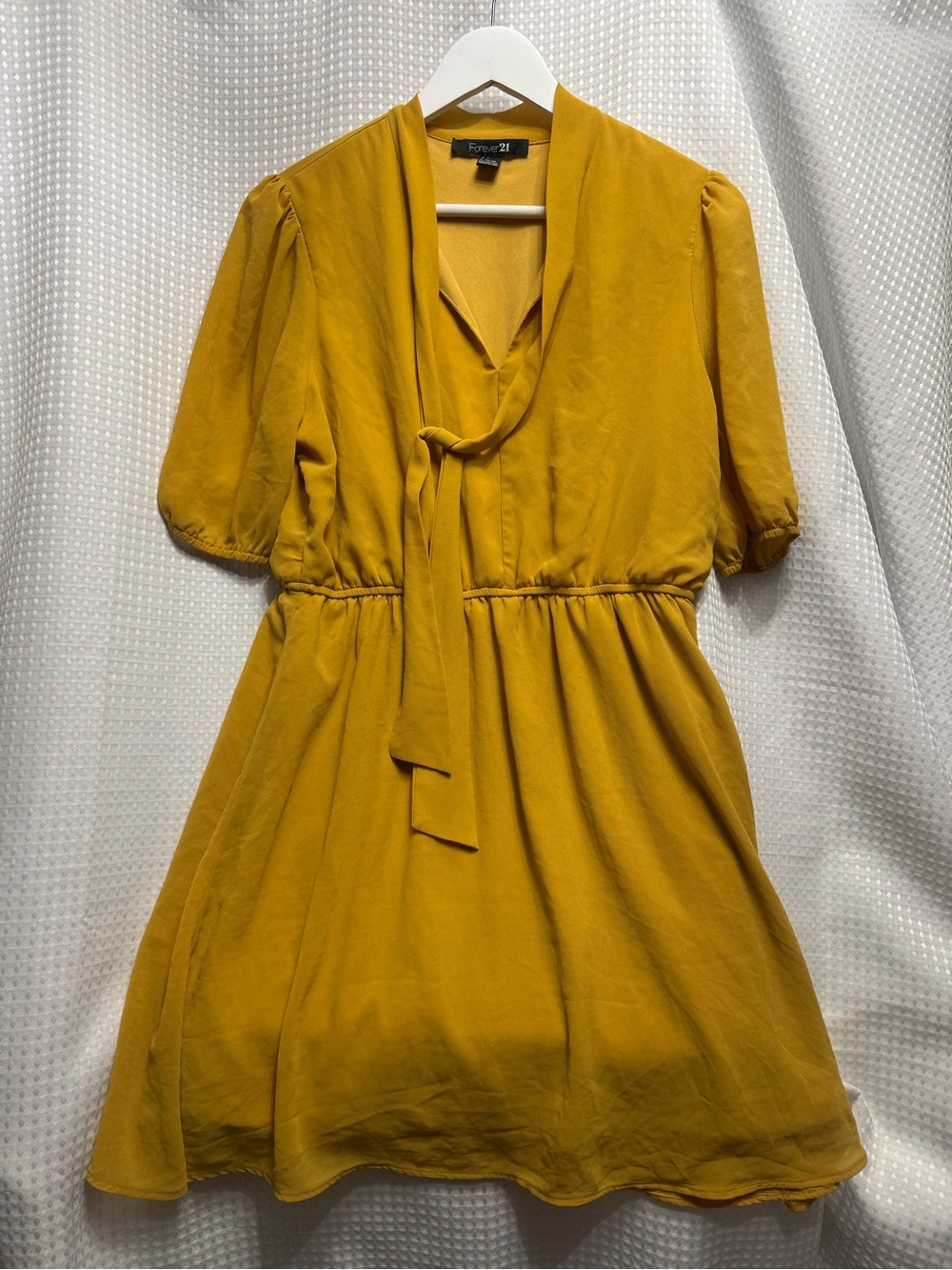 Forever 21 Mustard Tie-Neck Puff Sleeve Mini Dress